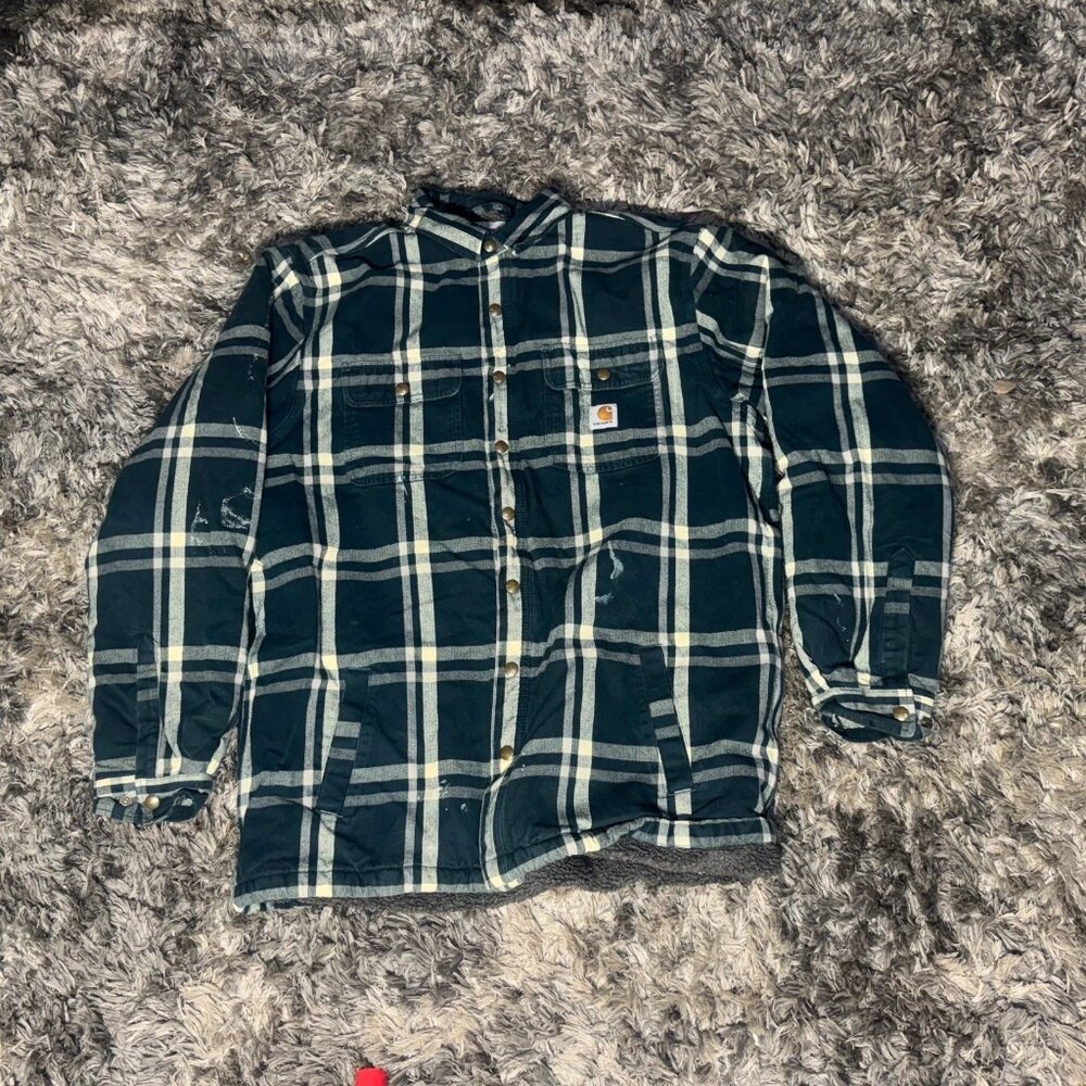 Vtg Size XL Carhartt Men Ink Green Flannel Sherpa Lined Plaid Snap Front Jacket